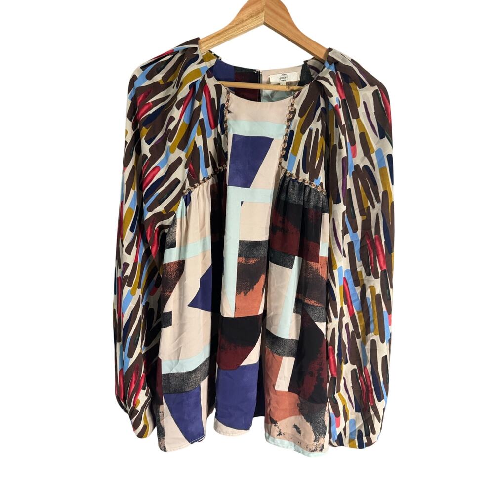 Entro Fall Mixed Print Blouson Sleeves Blouse Large